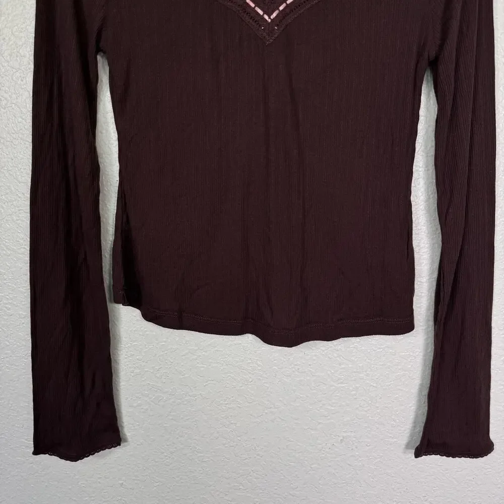 Free People Intimately Top Womens Medium Only You Long Sleeve Lace Ribbed Layer